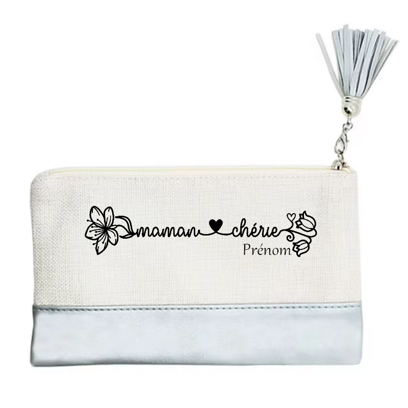 Pochette personnalisée motif maman cherie en toile et simili cuir personnalisée