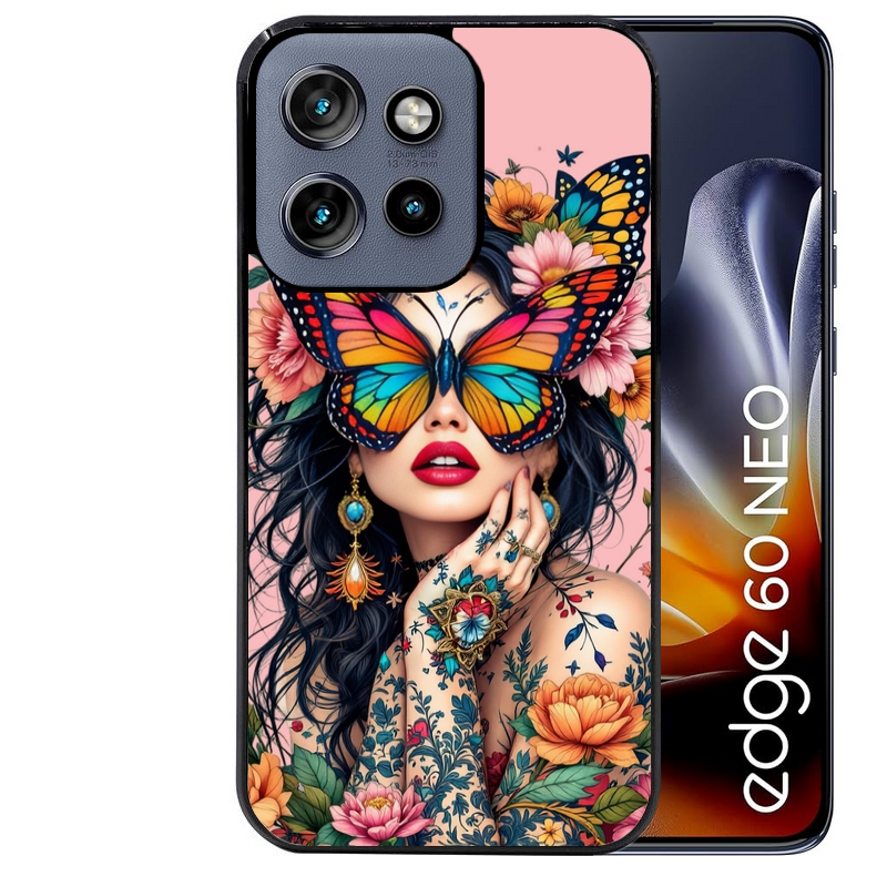 Coque noire taperso pour Moto Edge 60 et Neo Fusion Pro avec motif femme papillon protection antichoc personnalisée