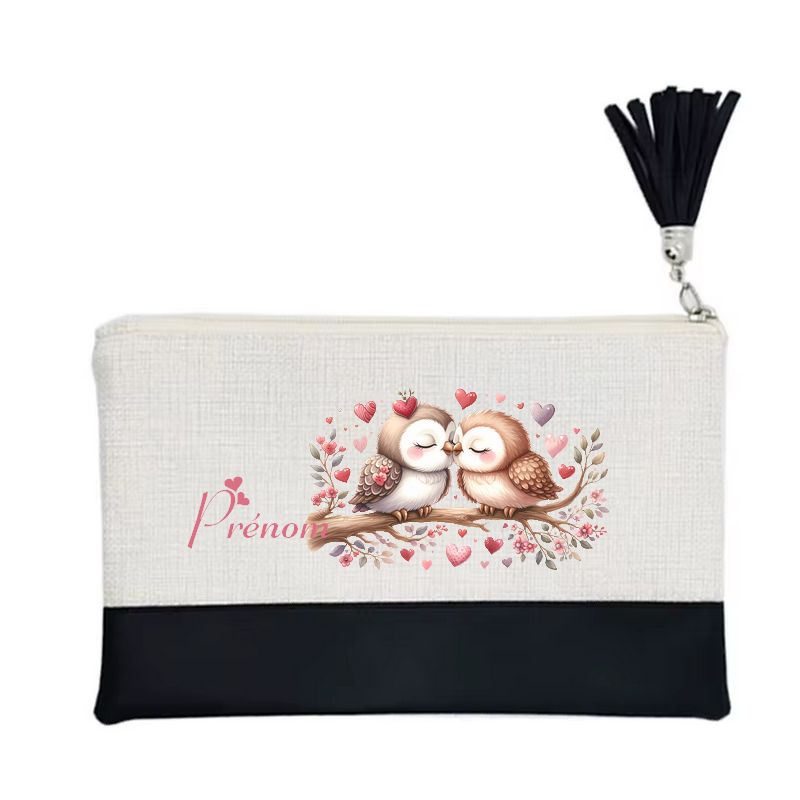 Pochette personnalisée motif chouette love en toile et simili cuir personnalisée