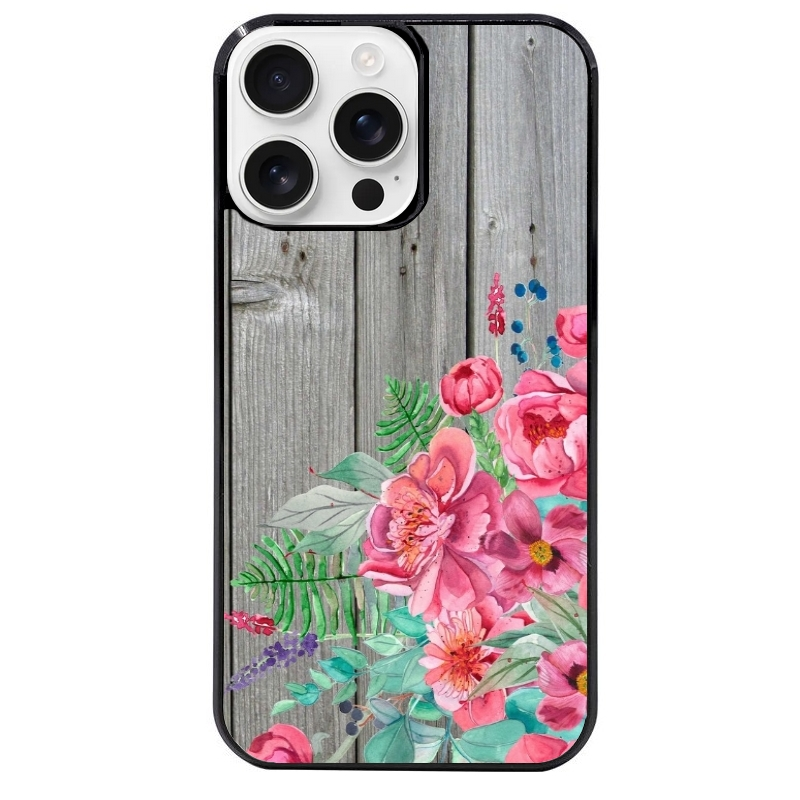 Coque noire taperso pour Iphone 16 16E PLUS MAX PRO avec motif bois gris et fleur rose protection antichoc personnalisée