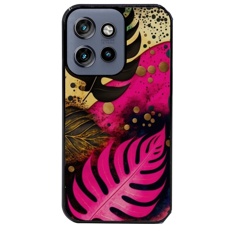 Coque noire taperso pour Moto Edge 60 et Neo Fusion Pro avec motif tropical rose et des fleurs protection antichoc personnalisée