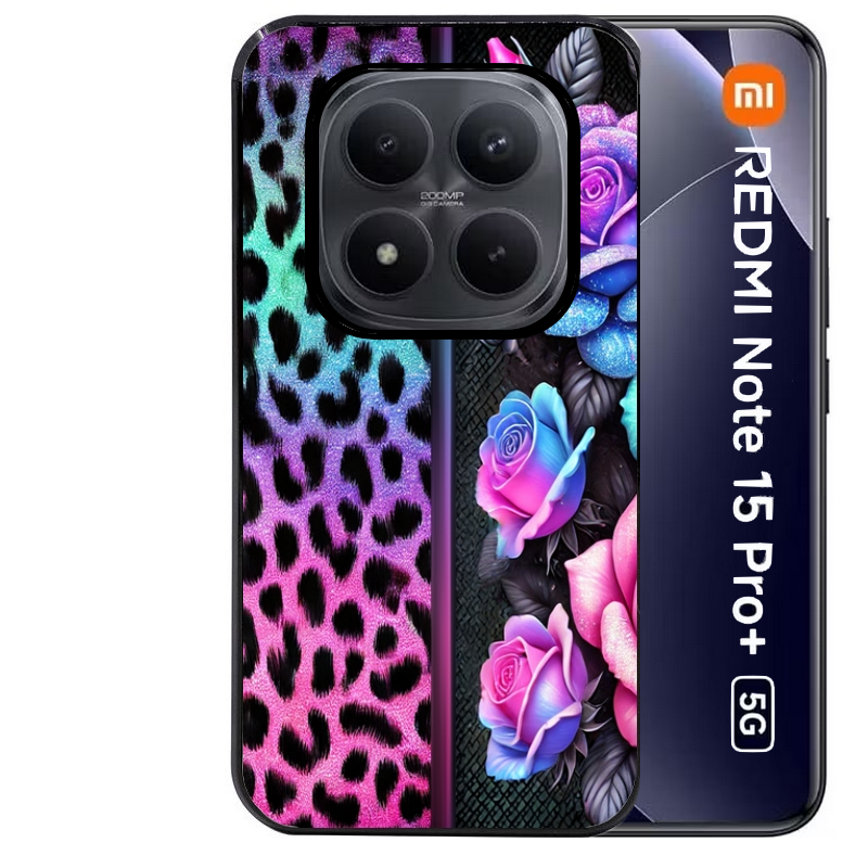 Coque noire taperso pour Redmi Note 15 et PRO PLUS 4G 5G avec motif leopard et fleur protection antichoc personnalisée