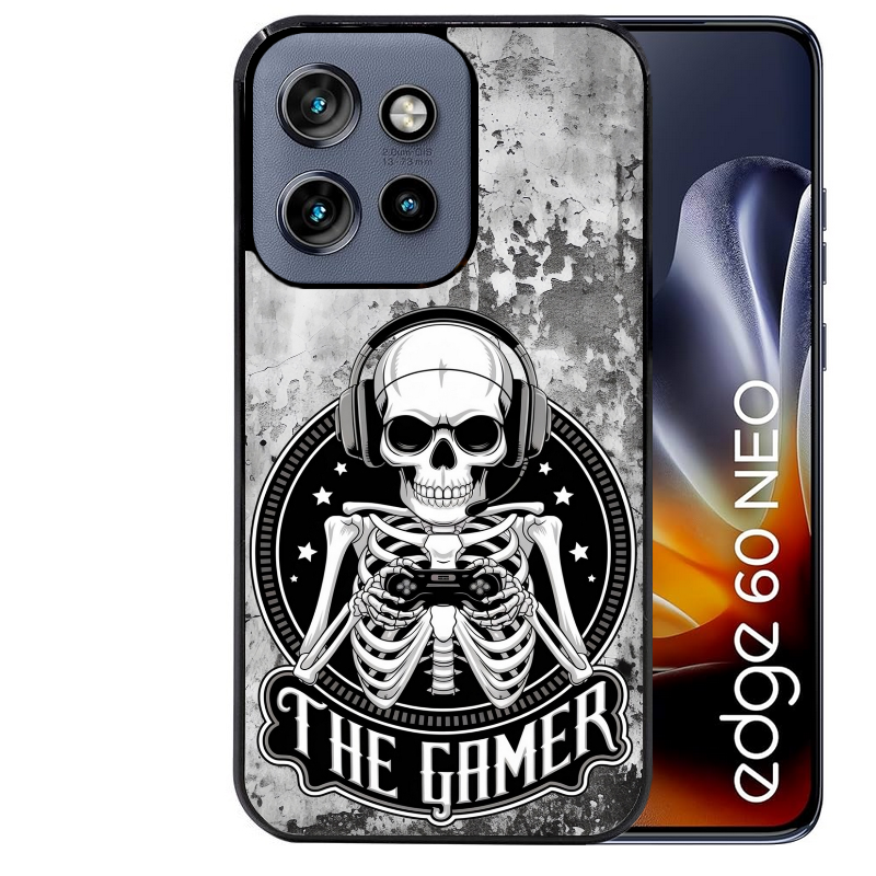 Coque noire taperso pour Moto Edge 60 et Neo Fusion Pro avec motif tete de mort gamer beton protection antichoc personnalisée
