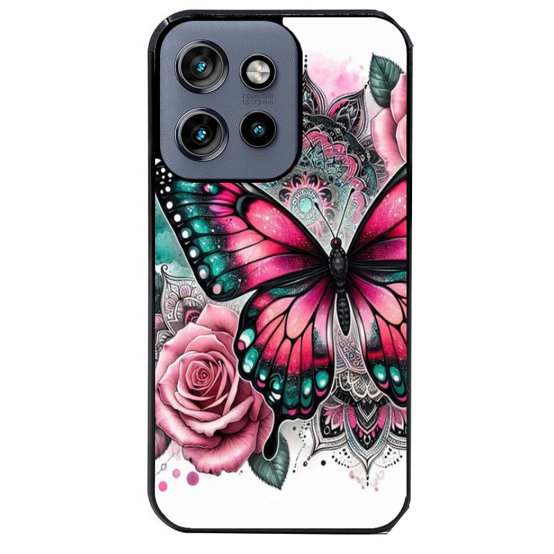 Coque noire taperso pour Moto Edge 60 et Neo Fusion Pro avec motif papillon rose protection antichoc personnalisée