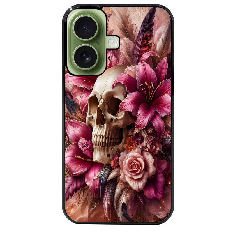 Coque noire taperso pour Iphone 16 16E PLUS MAX PRO avec motif tete de mort skull plume protection antichoc personnalisée