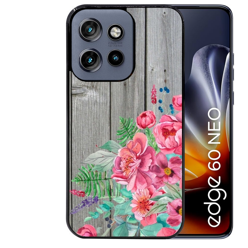 Coque noire taperso pour Moto Edge 60 et Neo Fusion Pro avec motif bois gris et fleur rose protection antichoc personnalisée