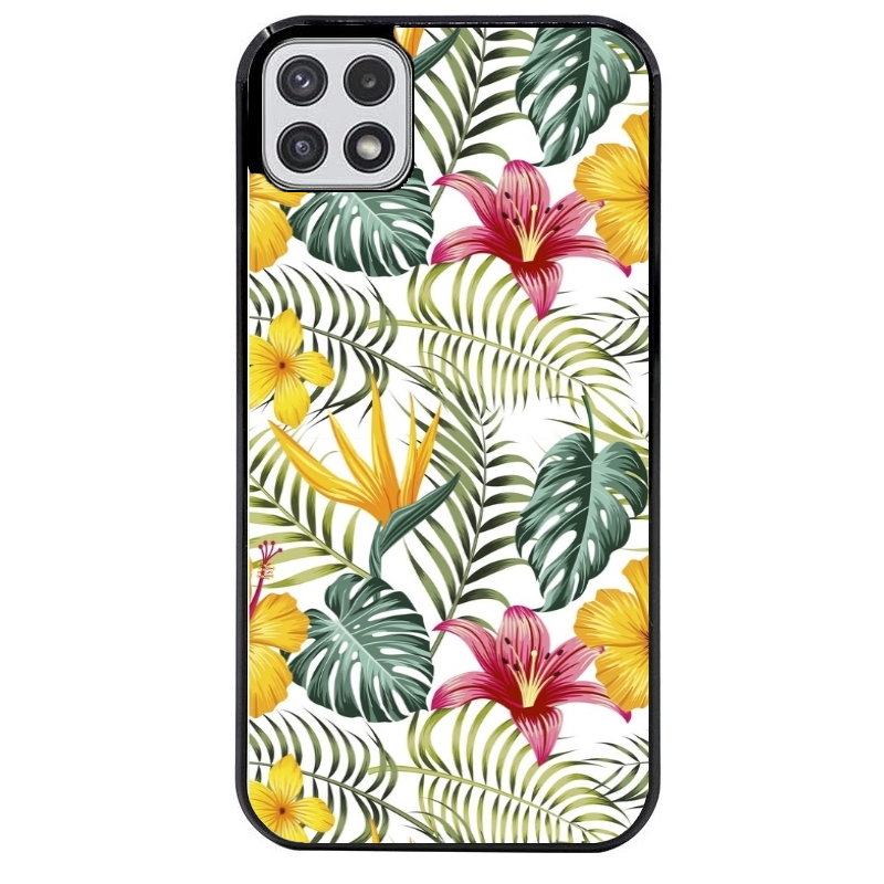Coque noire taperso pour galaxy A22 A32 A52 A52S 4G 5G  avec motif jungle et fleur hibiscus protection antichoc personnalisée
