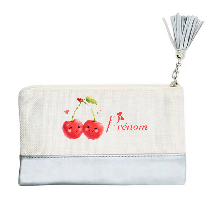 Pochette personnalisée motif cerise love en toile et simili cuir personnalisée