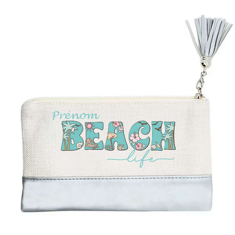 Pochette personnalisée motif plage fleur en toile et simili cuir personnalisée