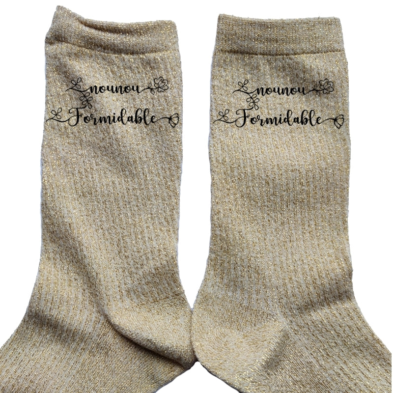 Chaussettes paillettes doré motif nounou formidable