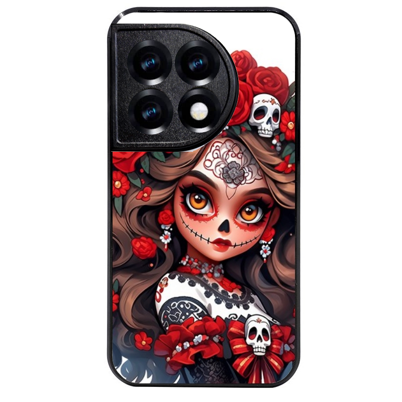 Coque noire taperso pour OnePlus 11 et 12 avec motif tete de mort calavera rouge protection antichoc personnalisée
