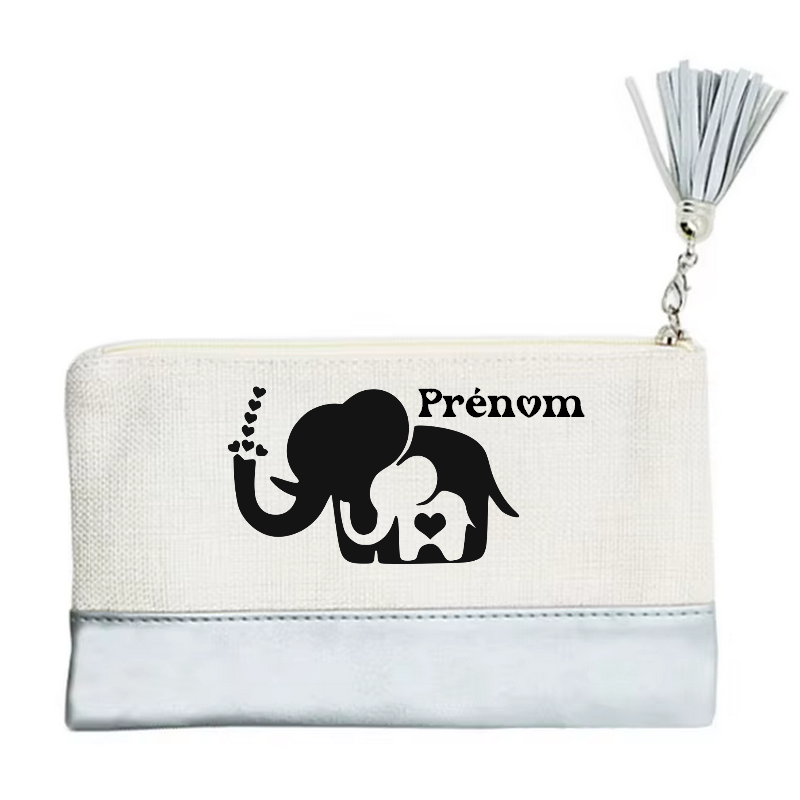 Pochette personnalisée motif elephant maman en toile et simili cuir personnalisée