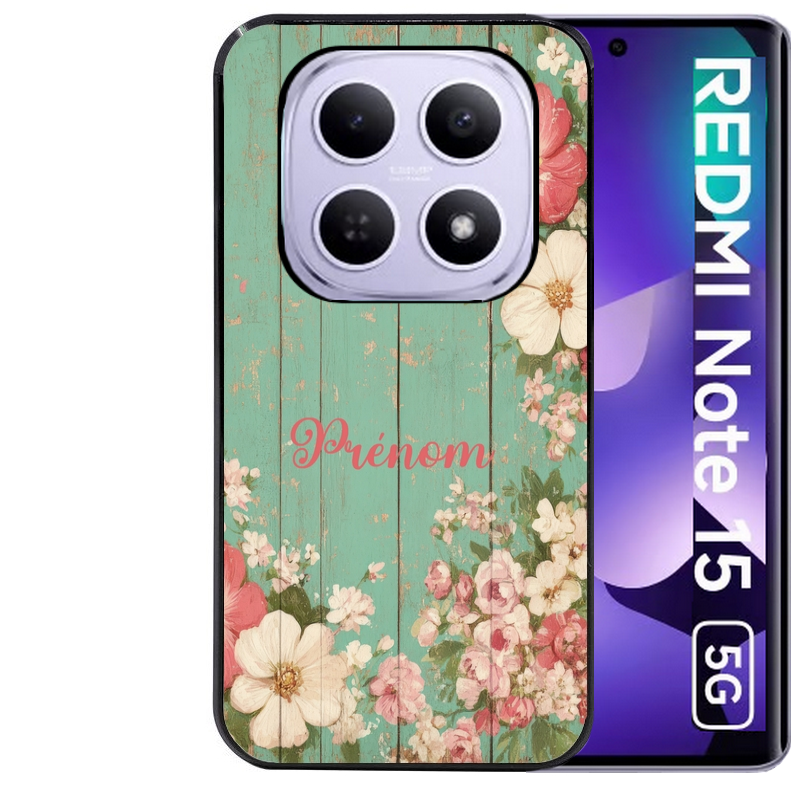 Coque noire taperso pour Redmi Note 15 et PRO PLUS 4G 5G avec motif bois et fleur avec votre prenom protection antichoc personnalisée