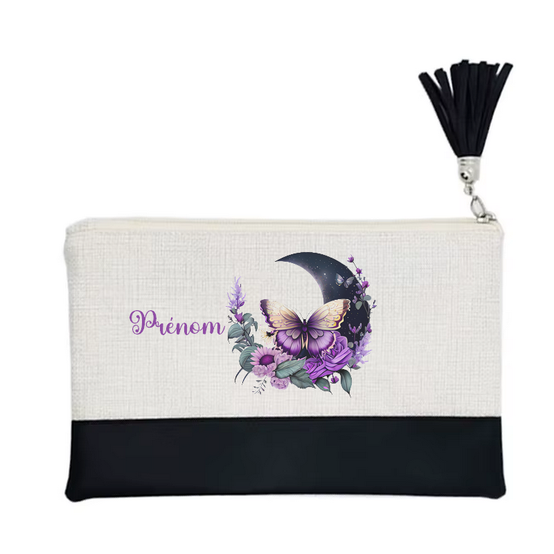Pochette personnalisée motif papillon lune en toile et simili cuir personnalisée