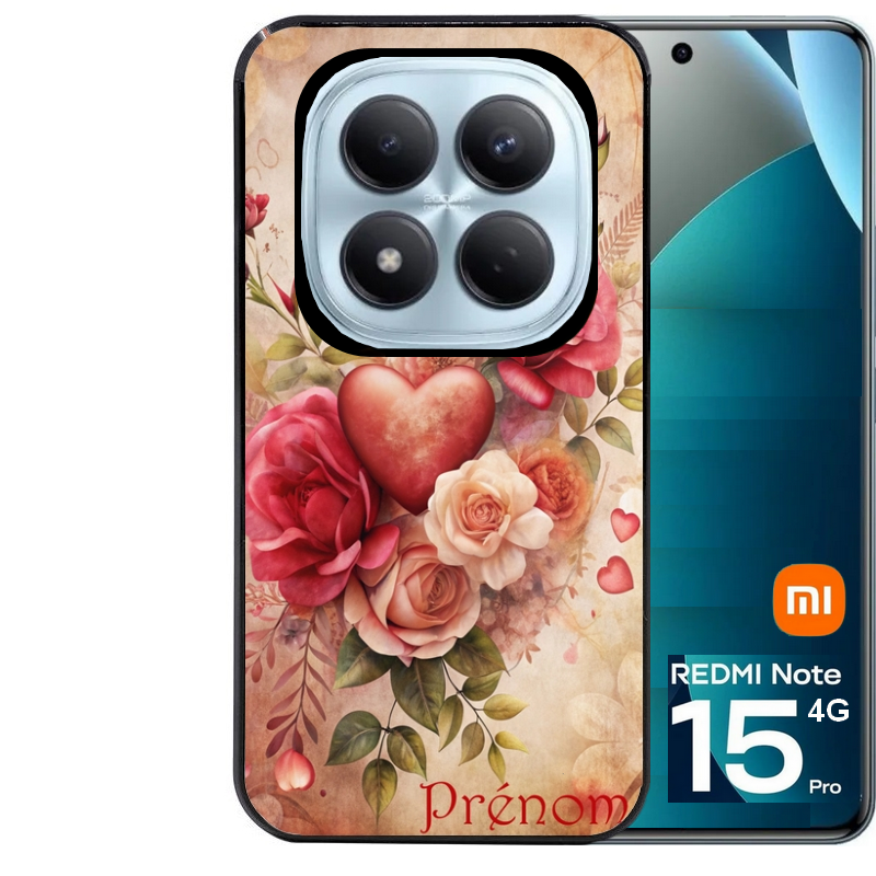 Coque noire taperso pour Redmi Note 15 et PRO PLUS 4G 5G avec motif coeur et fleur personnalisee protection antichoc personnalisée