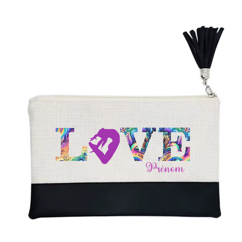 Pochette personnalisée de maquillage maniques Taperso argent avec motif gym love en toile et simili cuir personnalisée