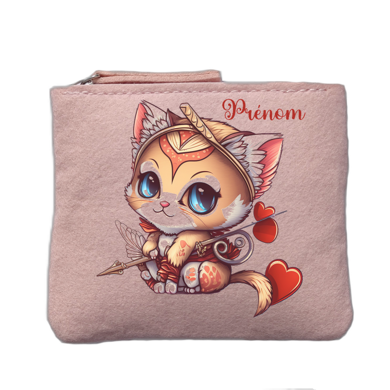 Porte monnaie personnalisé motif chat cupidon rose clair en feutrine en feutrine