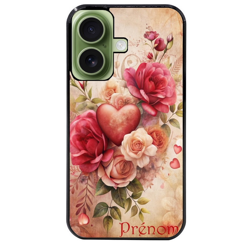 Coque noire taperso pour Iphone 16 16E PLUS MAX PRO avec motif coeur et fleur personnalisee protection antichoc personnalisée