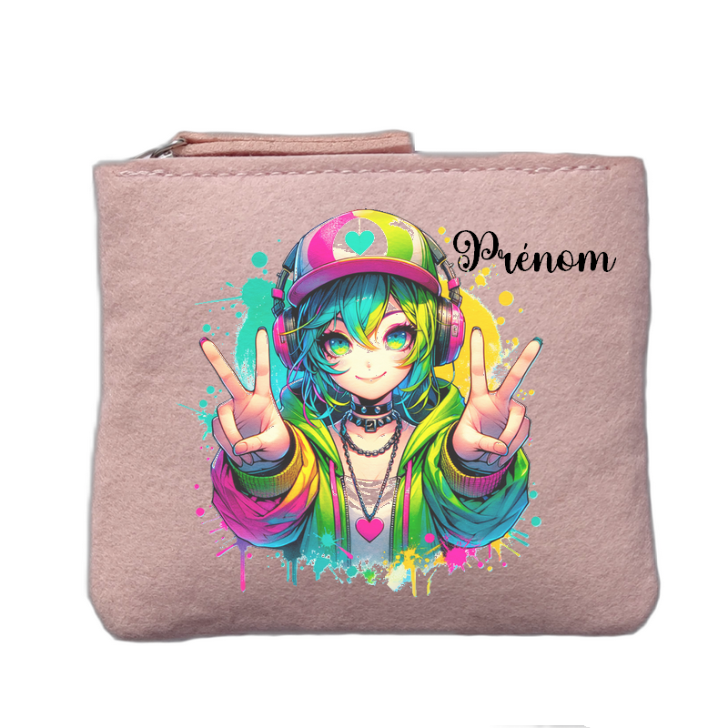 Porte monnaie personnalisé motif anime tag rose clair en feutrine en feutrine