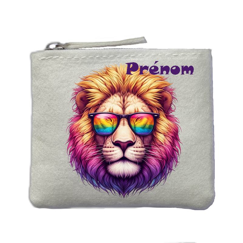 Porte monnaie personnalisé lion lunettes ivoire en feutrine en feutrine ivoire