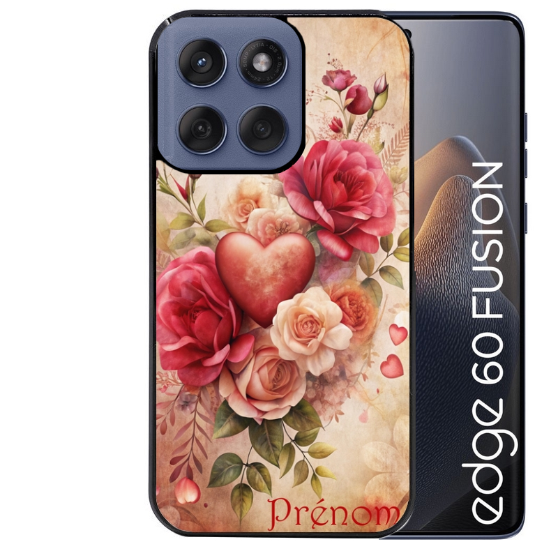 Coque noire taperso pour Moto Edge 60 et Neo Fusion Pro avec motif coeur et fleur personnalisee protection antichoc personnalisée