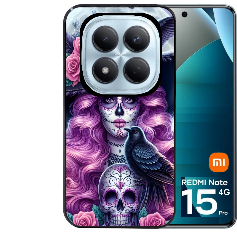Coque noire taperso pour Redmi Note 15 et PRO PLUS 4G 5G avec motif tete de mort calavera et corbeau protection antichoc personnalisée