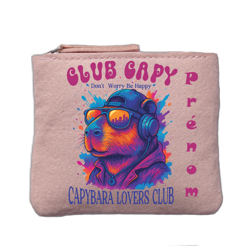 Porte monnaie personnalisé motif capybara club rose clair en feutrine en feutrine