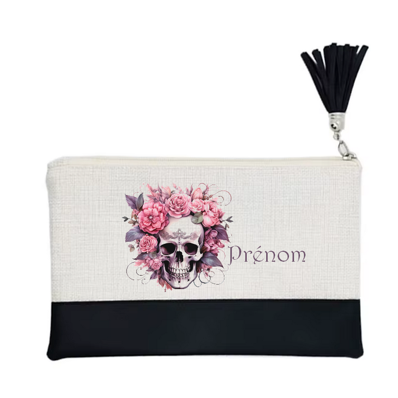 Pochette personnalisée motif tete de mort fleur en toile et simili cuir personnalisée
