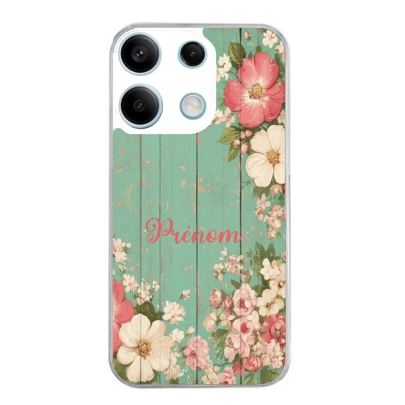 Coque taperso pour POCO M6 PRO 4G avec motif bois et fleur avec votre prenom protection antichoc personnalisée