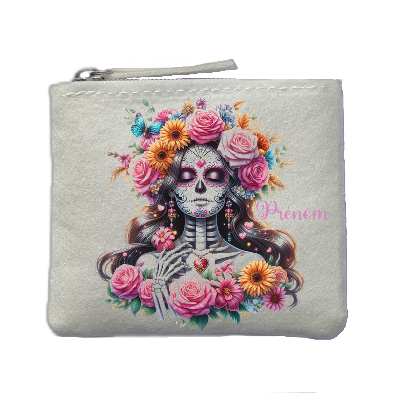 Porte monnaie personnalisé mort calavera fleur ivoire en feutrine en feutrine ivoire