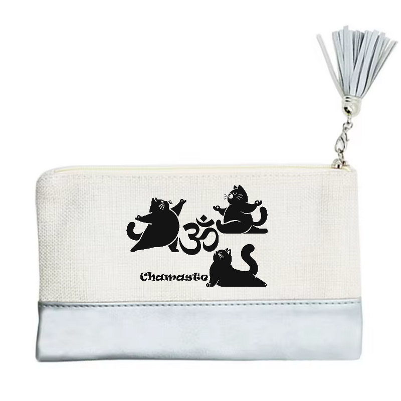Pochette motif chat namaste en toile et simili cuir