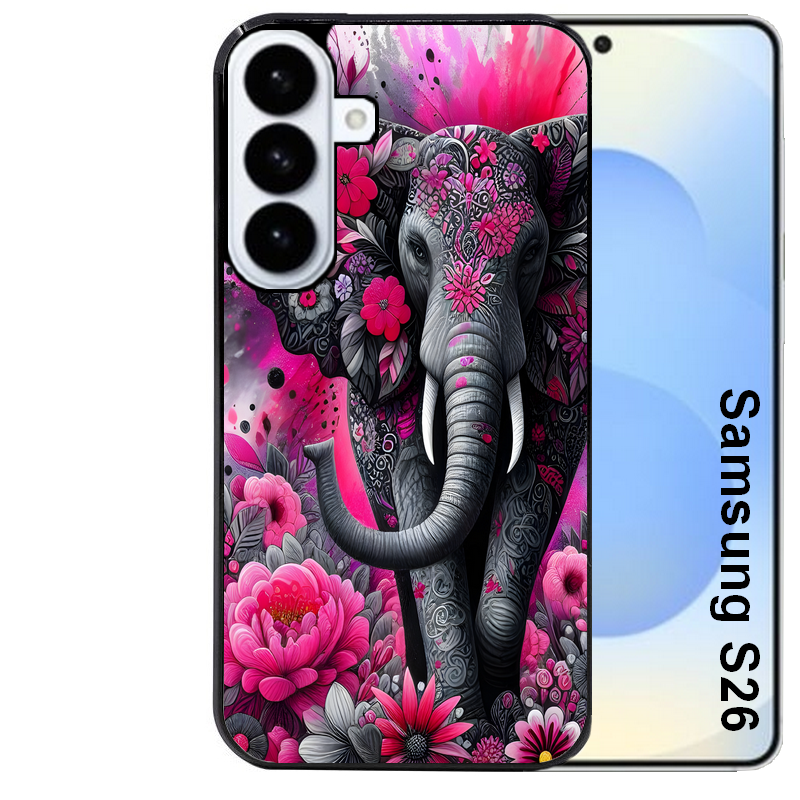 Coque noire taperso pour galaxy S26 et PLUS ULTRA FE avec motif elephant et fleurs protection antichoc personnalisée