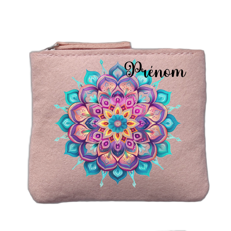 Porte monnaie personnalisé motif mandala rose clair en feutrine en feutrine