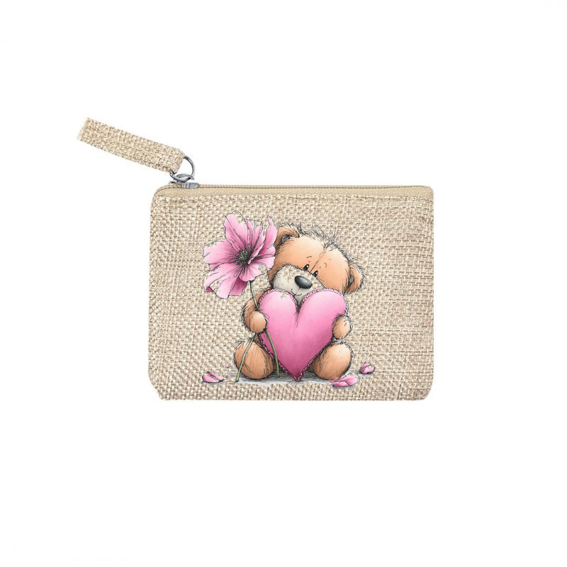 Pochette personnalisée motif ourson fleur en toile et simili cuir personnalisée
