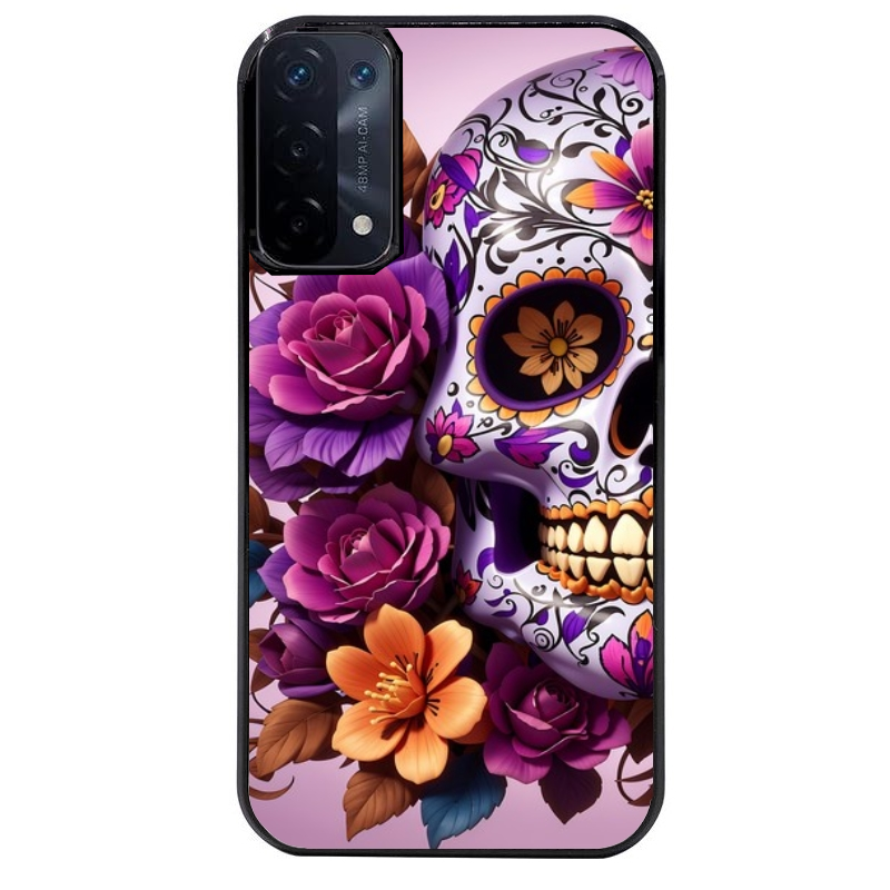 Coque noire taperso pour OPPO A54 et A74 5G avec motif tete de mort calavera violette protection antichoc personnalisée