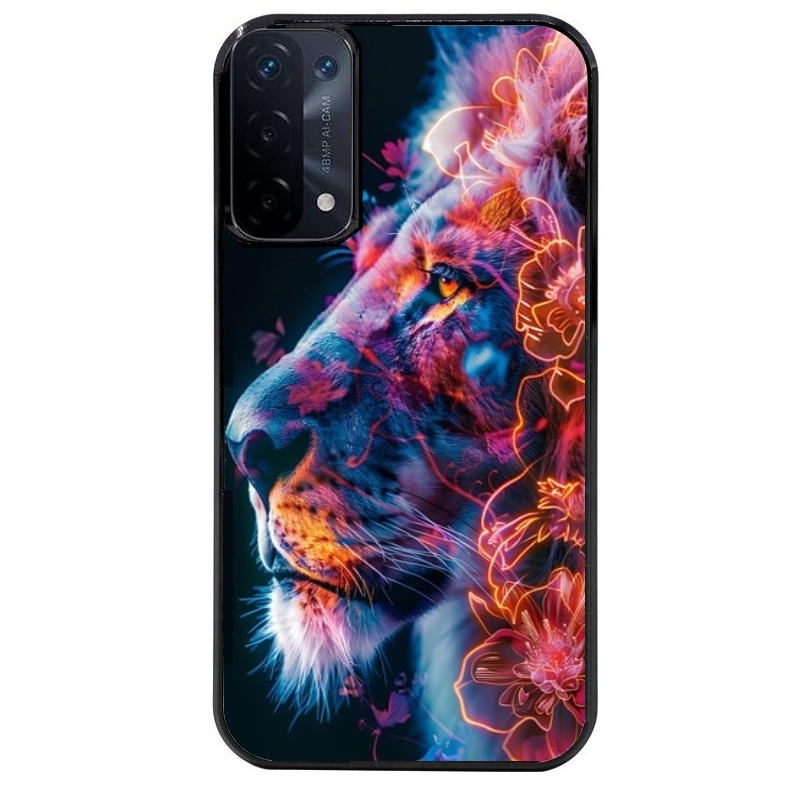 Coque noire taperso pour OPPO A54 et A74 5G avec motif lion fluo protection antichoc personnalisée