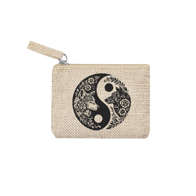 Pochette personnalisée loup yin yang en jute et doré en jute et doré