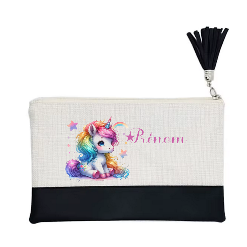 Pochette personnalisée motif licorne étoile en toile et simili cuir personnalisée