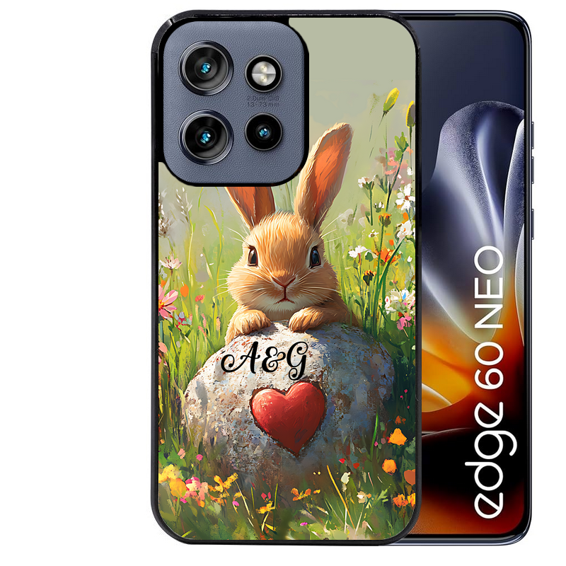 Coque noire taperso pour Moto Edge 60 et Neo Fusion Pro avec motif lapin et fleurs personnalisee protection antichoc personnalisée