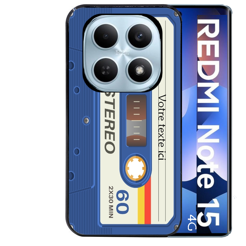 Coque noire taperso pour Redmi Note 15 et PRO PLUS 4G 5G personnalisable avec motif cassette bleu protection antichoc personnalisée