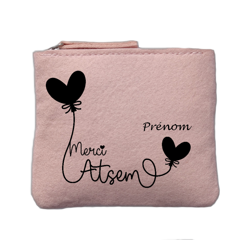Porte monnaie personnalisé motif atsem merci ballon rose clair en feutrine en feutrine