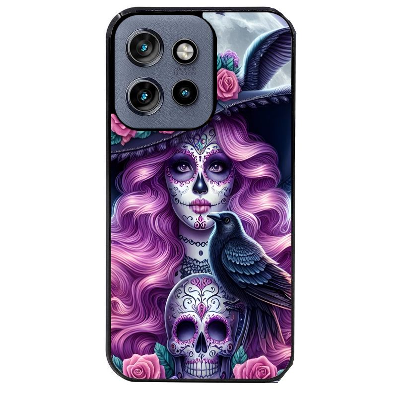 Coque noire taperso pour Moto Edge 60 et Neo Fusion Pro avec motif tete de mort calavera et corbeau protection antichoc personnalisée