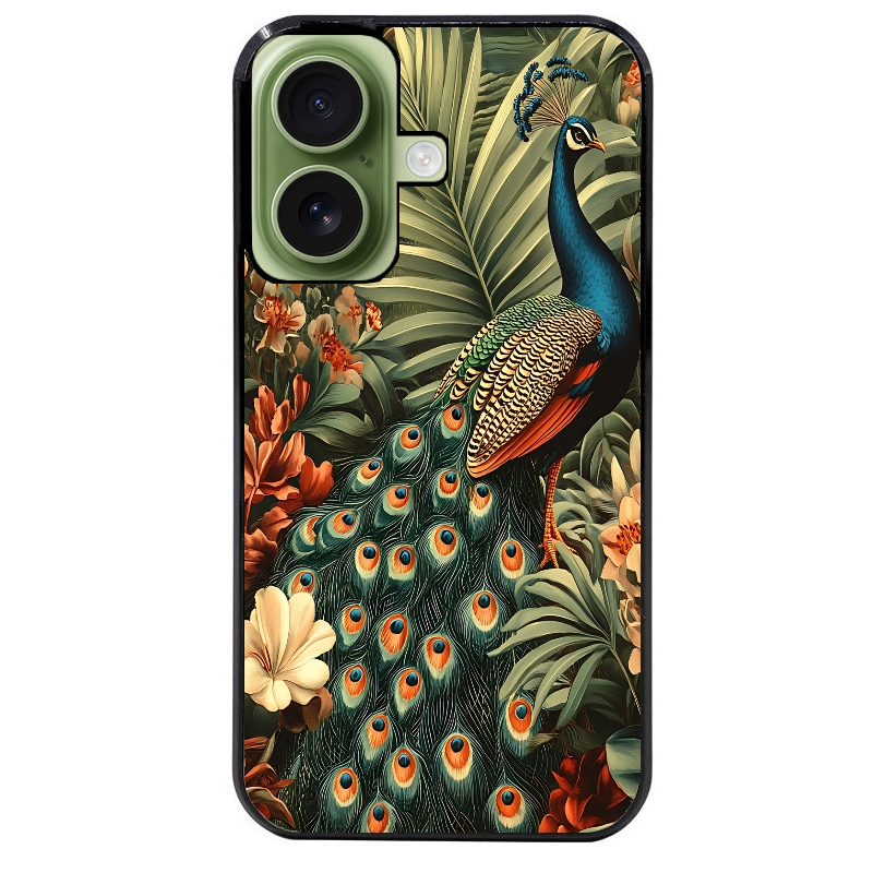 Coque noire taperso pour Iphone 16 16E PLUS MAX PRO avec motif paon tropical protection antichoc personnalisée