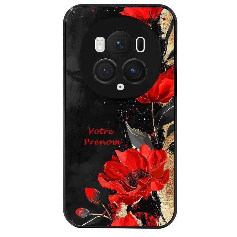 Coque noire taperso pour Magic 5 6 LITE et PRO avec motif fleur rouge avec prenom protection antichoc personnalisée