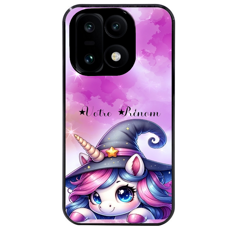 Coque noire taperso pour OnePlus 15 avec motif licorne magic avec prenom protection antichoc personnalisée