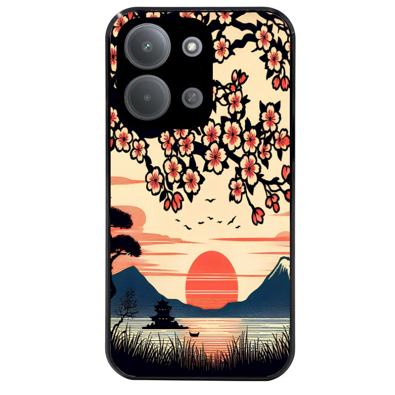 Coque noire taperso pour POCO C85 avec motif japan cerisier protection antichoc personnalisée