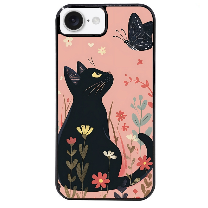 Coque noire taperso pour Iphone 16 16E PLUS MAX PRO avec motif chat papillon 2 protection antichoc personnalisée
