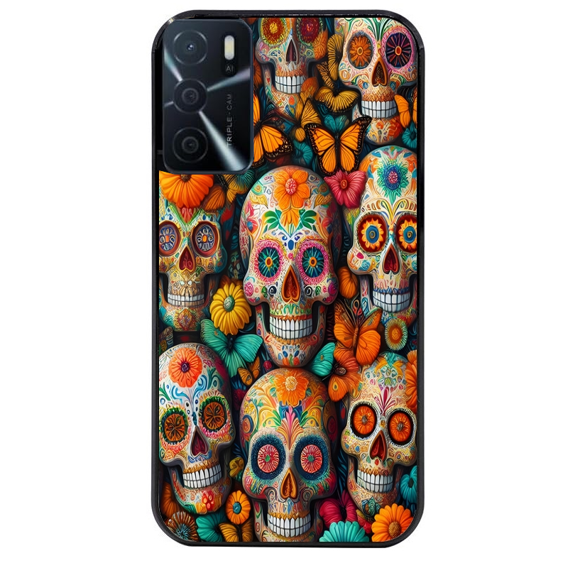 Coque noire taperso pour OPPO A16 et A16S avec motif mort mexicaine papillon protection antichoc personnalisée