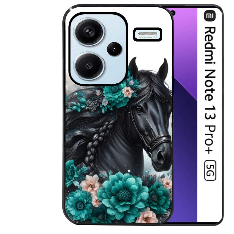 Coque noire taperso pour Redmi Note 13 PRO PLUS 5G avec motif cheval et fleurs personnalisee protection antichoc personnalisée