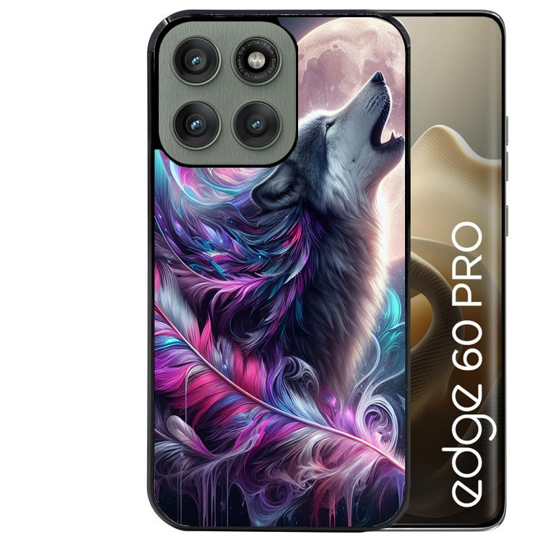 Coque noire taperso pour Moto Edge 60 et Neo Fusion Pro avec motif loup et plume protection antichoc personnalisée